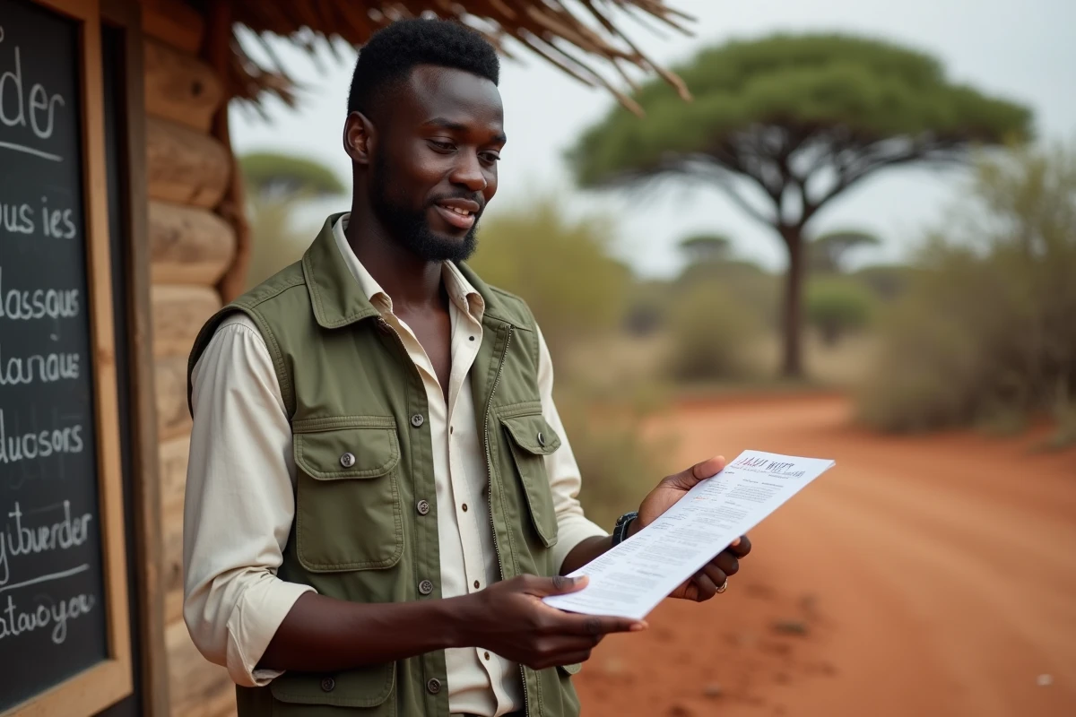 Guide local tanzanien présentant les tarifs et options d'un safari économique à l'entrée d'un camp du Serengeti