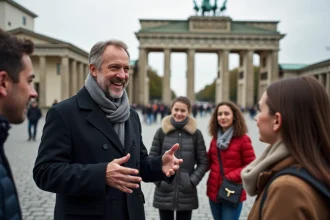 Guide souriant devant la porte de Brandebourg à Berlin