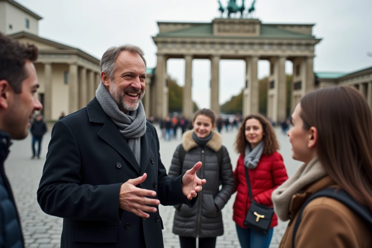 Guide souriant devant la porte de Brandebourg à Berlin
