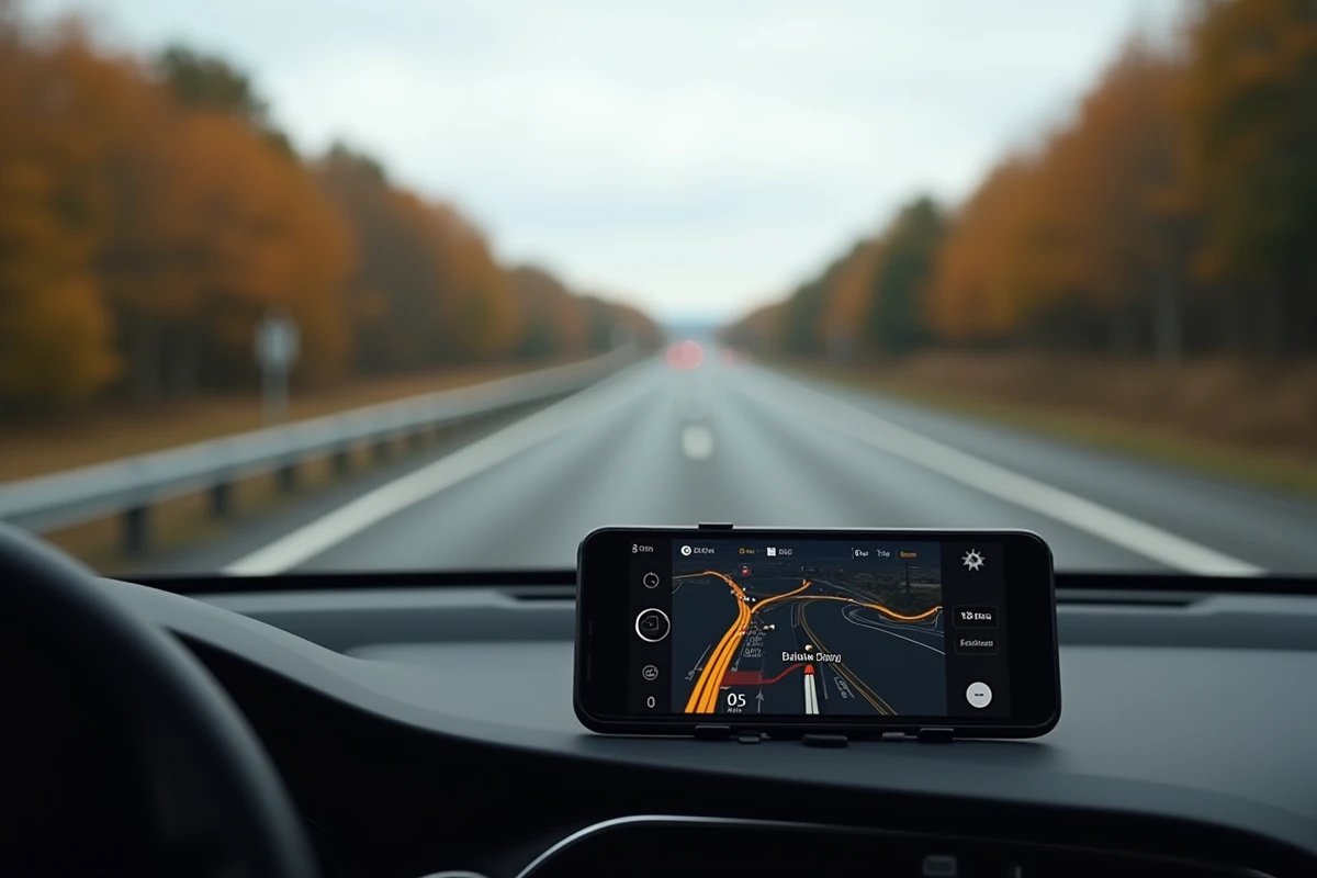 Vue intérieure d'un habitacle de voiture avec application de navigation Mappy affichant un itinéraire sur autoroute entourée d'arbres d'automne