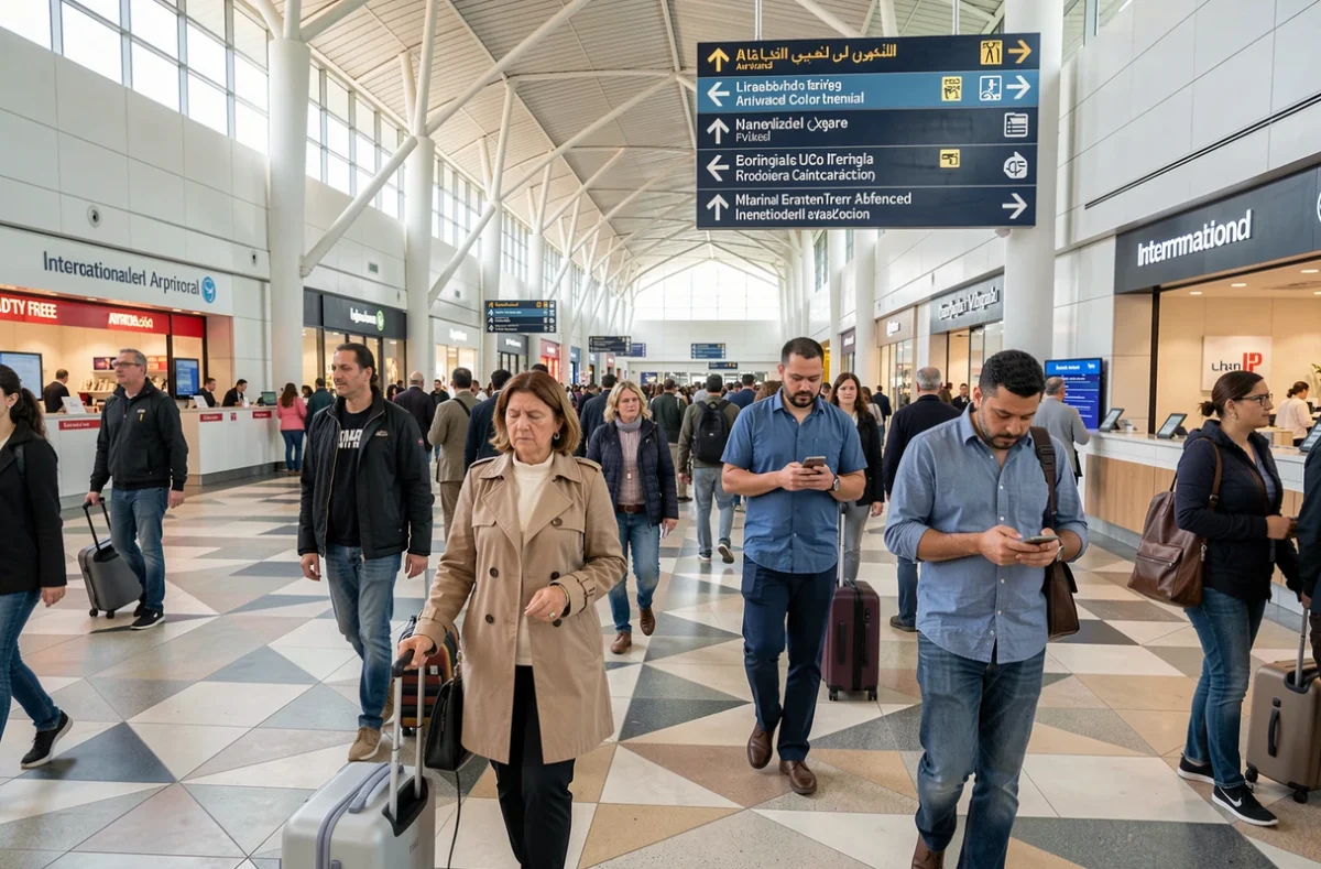 Hall des arrivées internationales de l'aéroport Mohammed V avec des passagers et des panneaux de signalisation en français et arabe