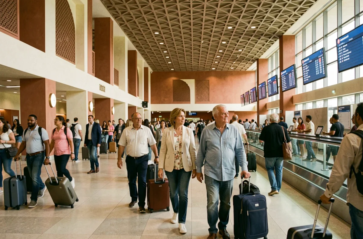 Voyageurs internationaux à leur arrivée dans le hall des bagages de l'aéroport Al Massira d'Agadir