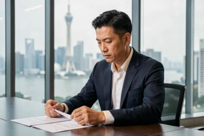 Homme d'affaires professionnel en costume dans un bureau moderne de Guangzhou avec vue sur la tour Canton et la rivière des Perles