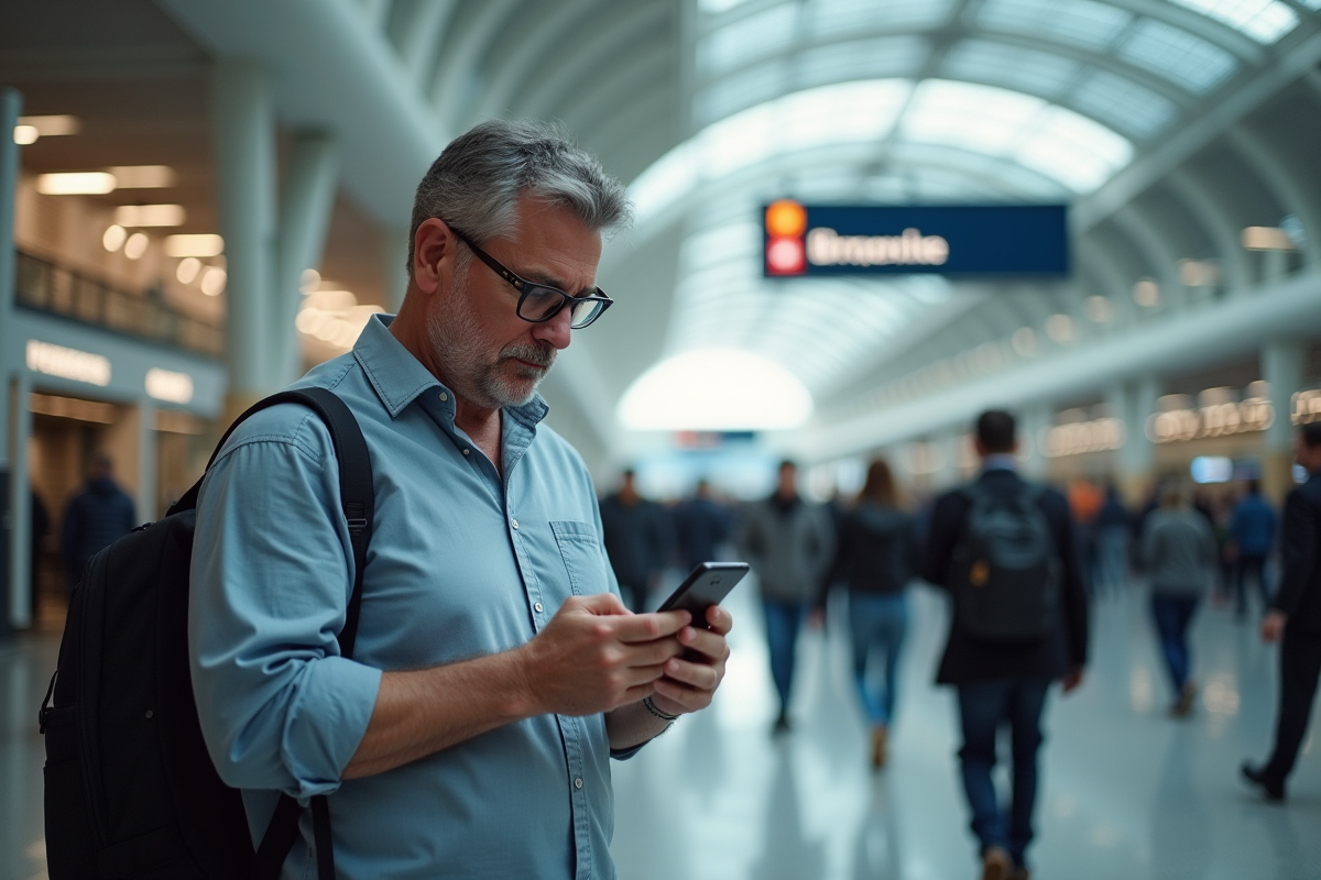 Homme vérifie applications de voyage dans une gare animée