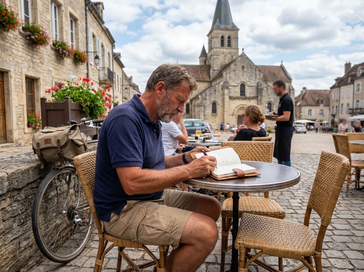 Homme écrivant dans un journal au café en Bourgogne