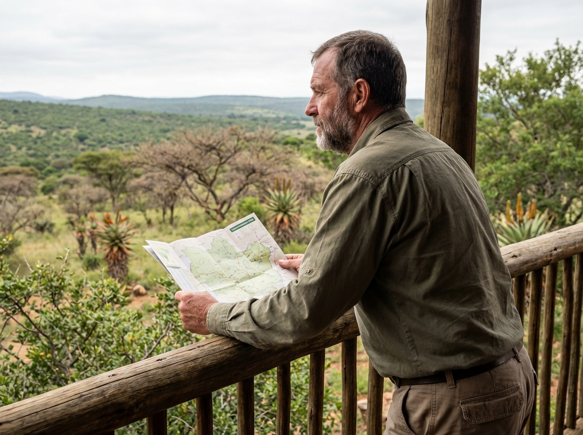 Homme regardant la carte sur la terrasse d