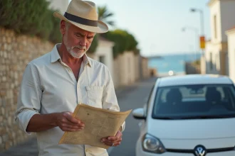 Homme d'âge moyen consulte une carte près de sa voiture à La Cotinière