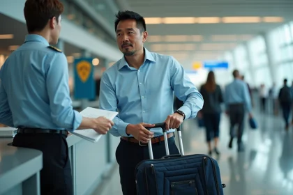 Homme d'âge moyen déballant ses documents à la douane