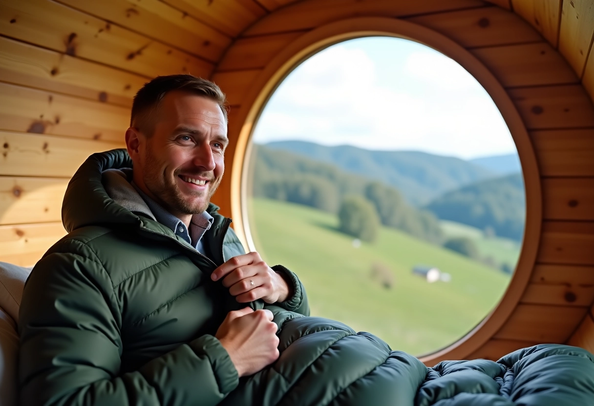Homme dans un ecopod avec vue sur les collines vosgiennes
