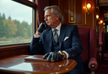 Orient Express : nombre de voitures, mystère résolu ! Homme élégant en costume navy dans un train Orient Express