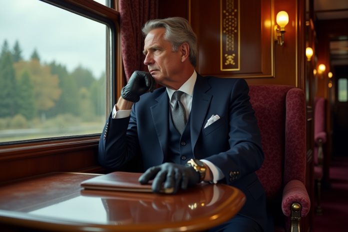 homme-elegant-orient-express Homme élégant en costume navy dans un train Orient Express