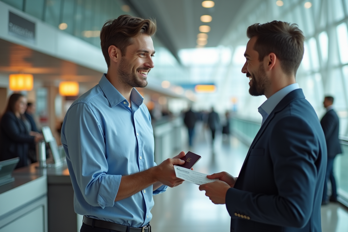 Jeune homme remettant un billet à l