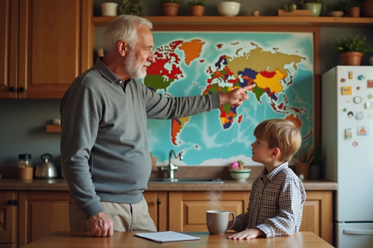 Homme plus age pointant une carte dans une cuisine familiale