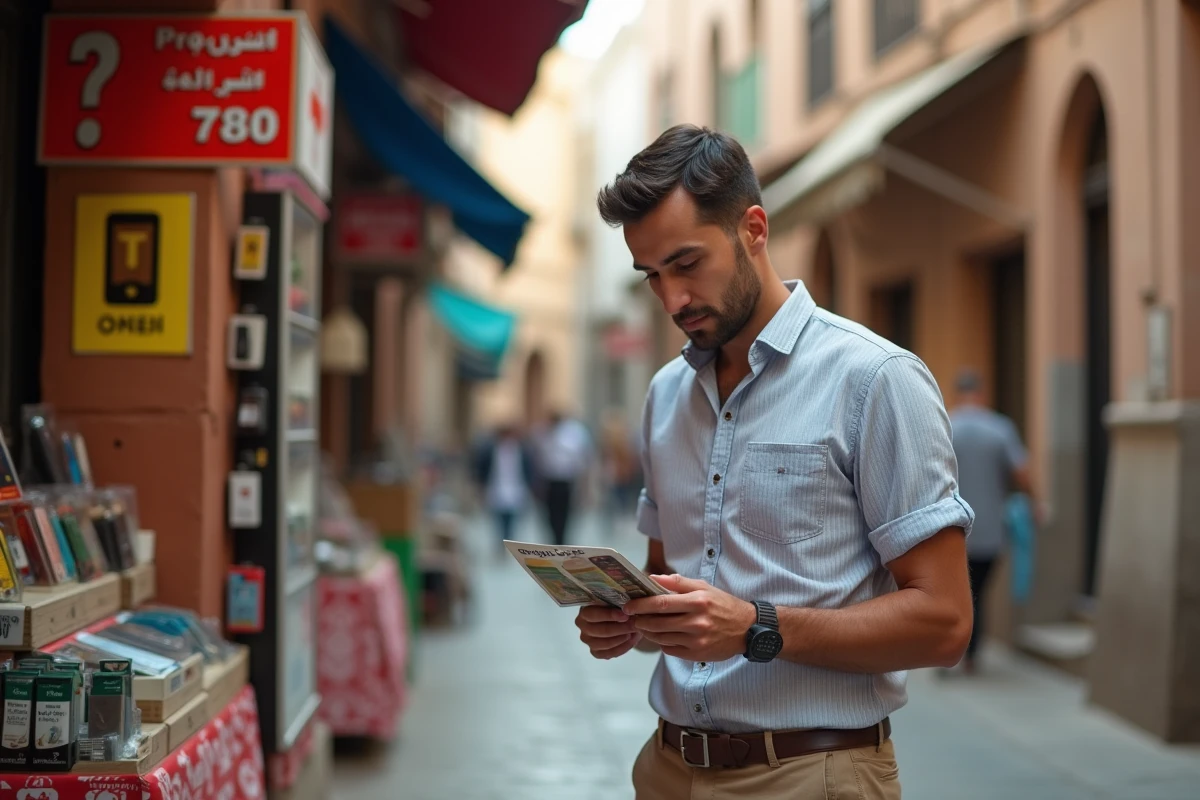 Homme consultant une brochure de forfait mobile marocain devant une boutique de téléphonie dans une médina