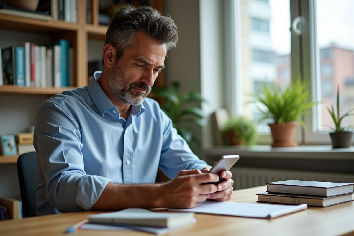 Homme remplissant un formulaire de voyage sur smartphone dans un bureau