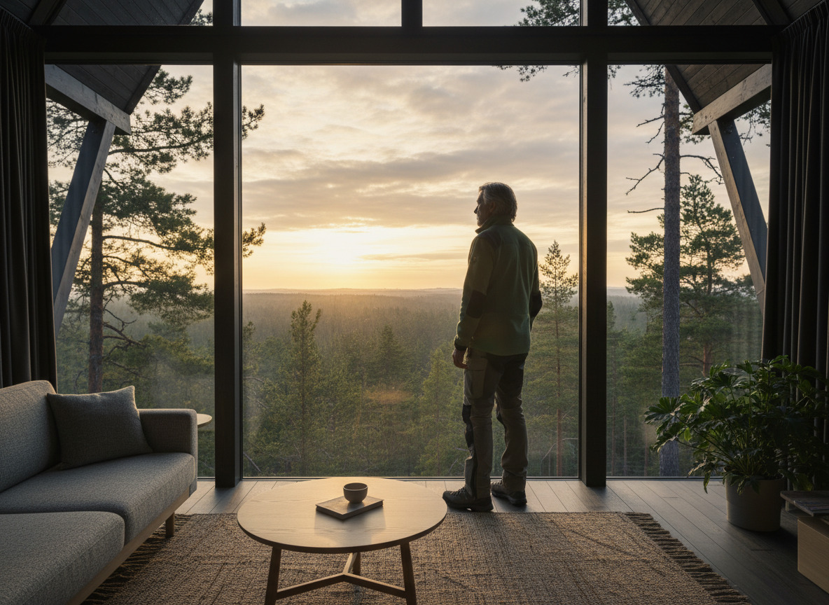 Homme contemplant le lever de soleil dans une cabane en forêt