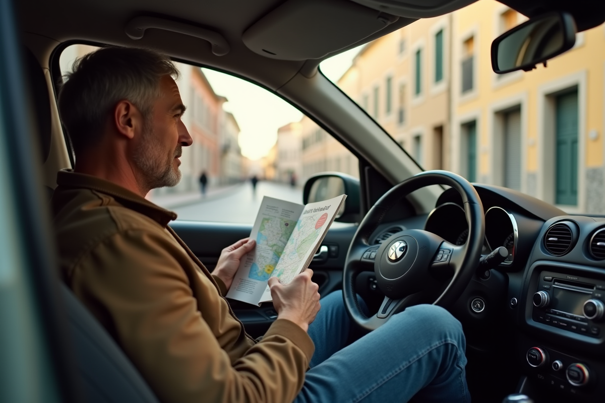 Homme lisant un guide de route dans une voiture urbaine au matin