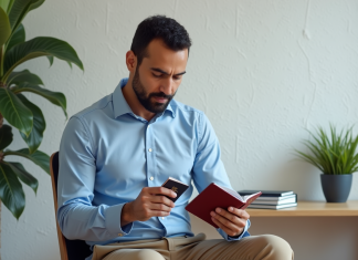 Validité passeport Maroc: combien de mois nécessaires pour voyager ? Homme marocain examine son passeport dans un bureau moderne