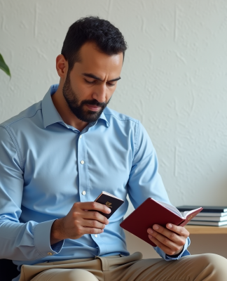Homme marocain examine son passeport dans un bureau moderne