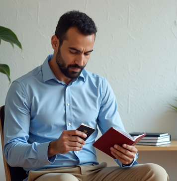 Homme marocain examine son passeport dans un bureau moderne