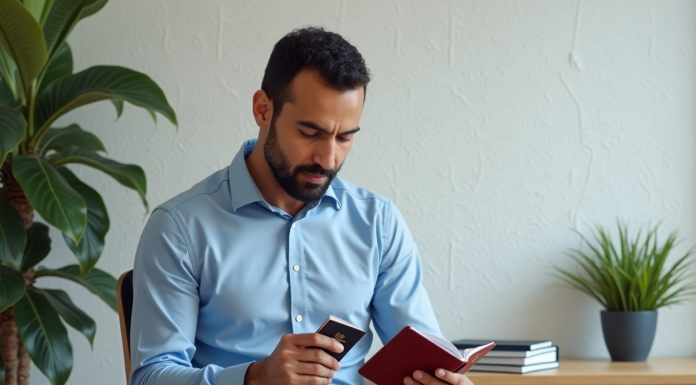 Homme marocain examine son passeport dans un bureau moderne