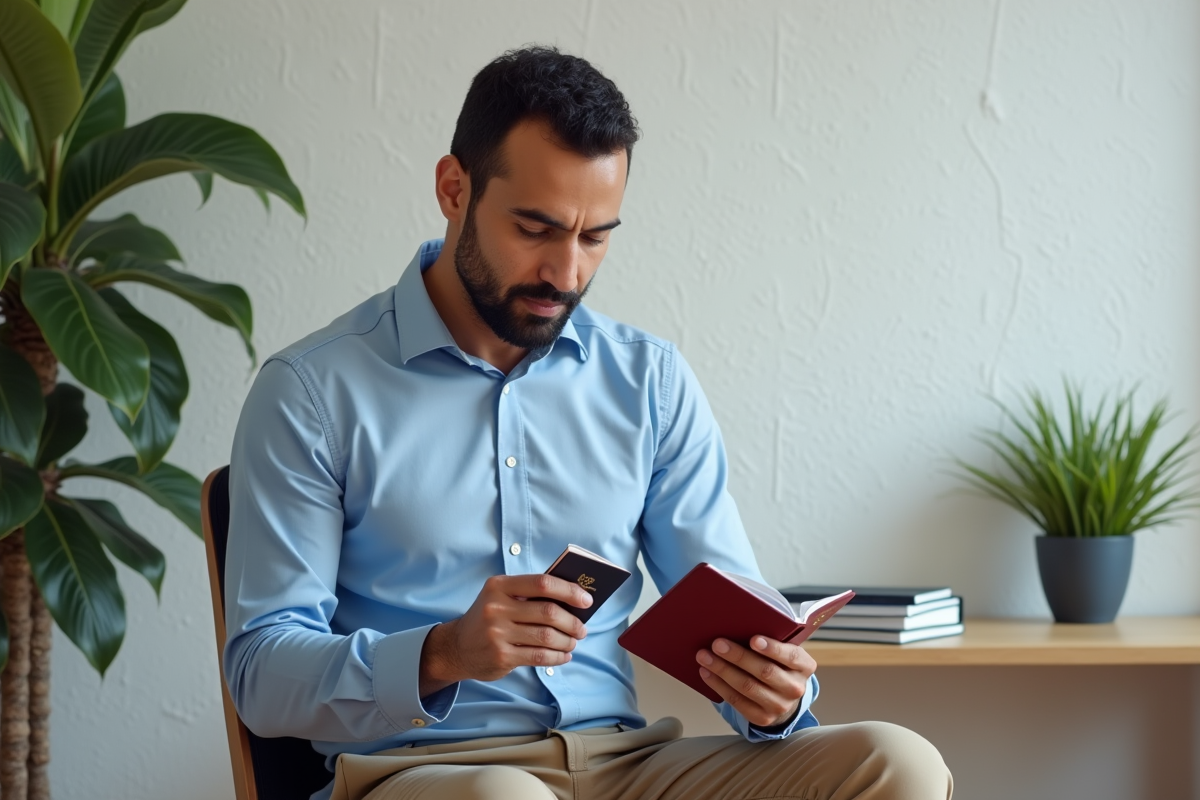 Homme marocain examine son passeport dans un bureau moderne