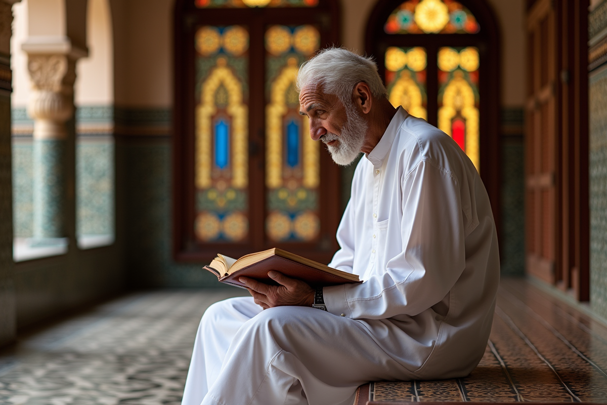 Homme marocain âgé lisant dans une veranda du riad