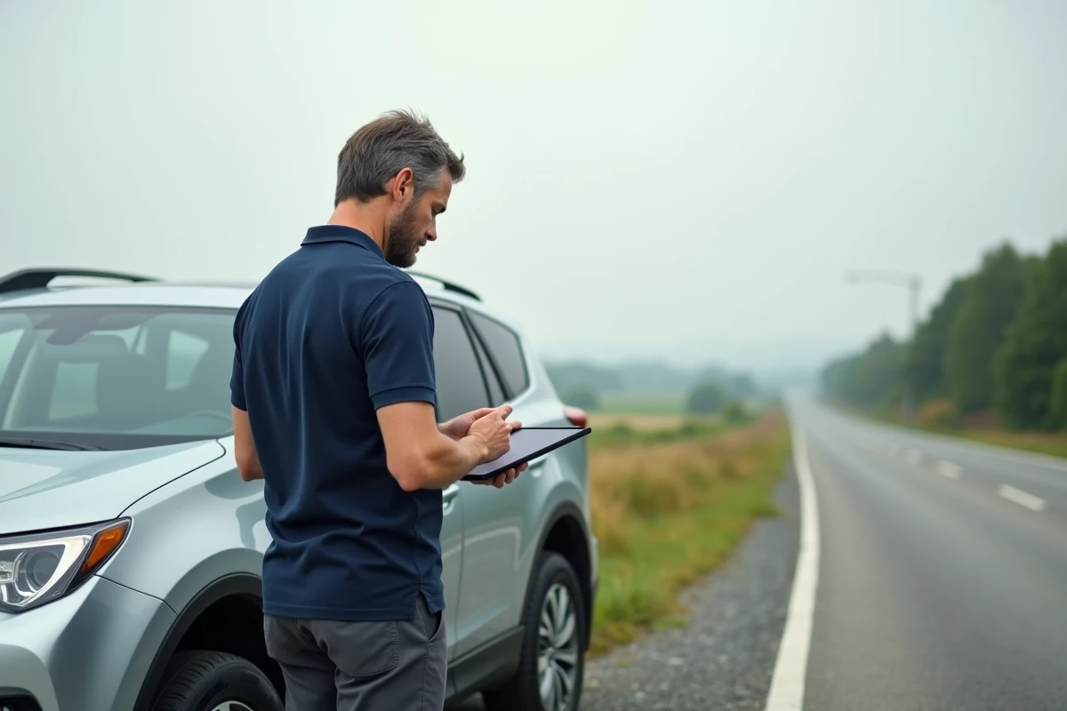 Homme consultant un itinéraire sur tablette lors d'une pause sur l'aire de repos pendant un trajet longue distance