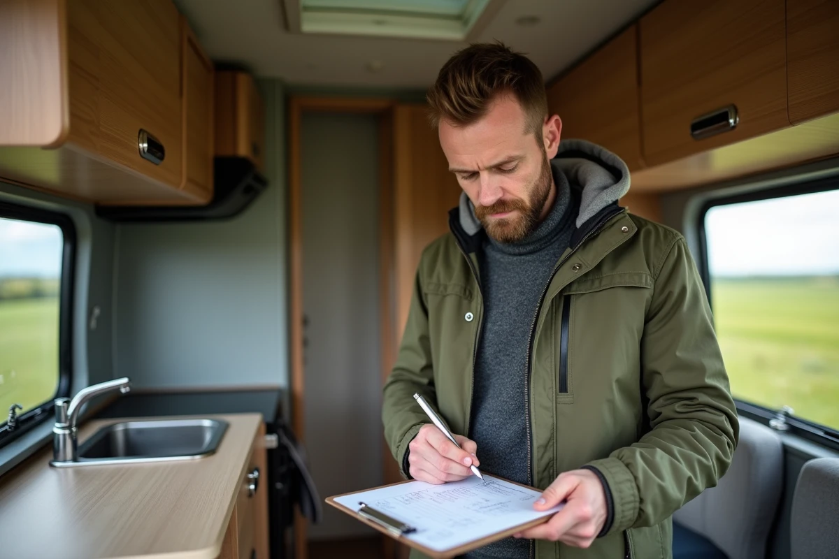 Homme vérifiant sa liste de voyage dans un van aménagé