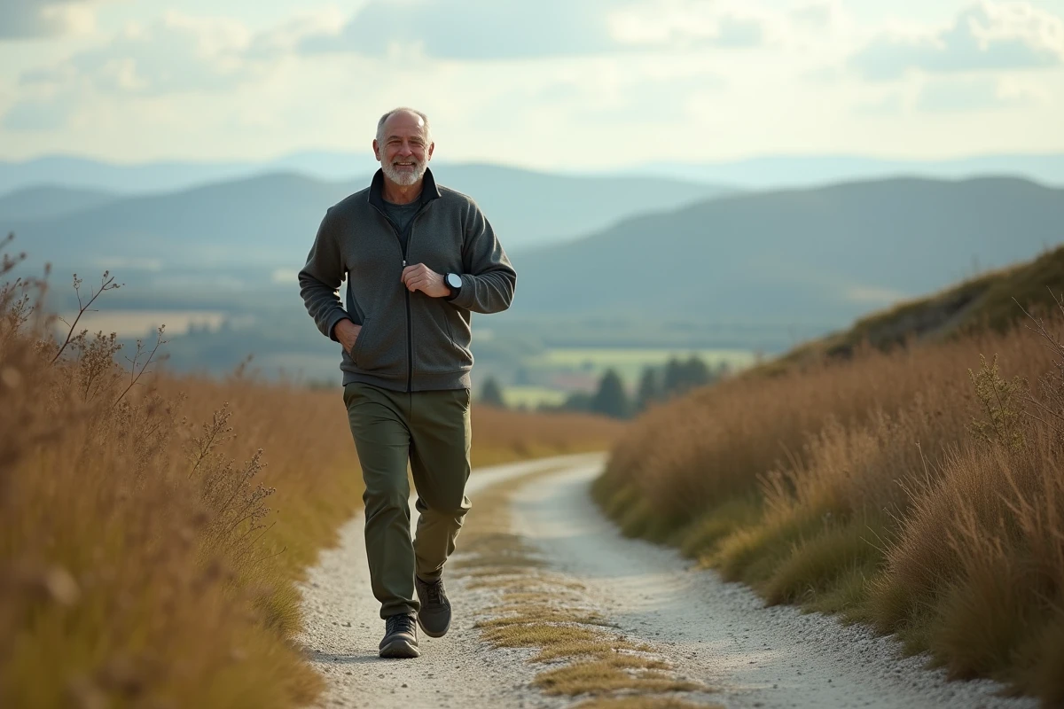 Homme en trail dans la campagne en regardant sa montre