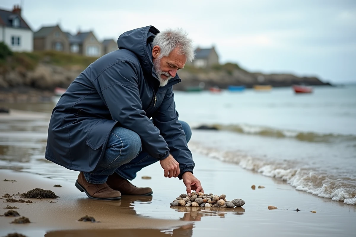 Homme cherchant des coquillages sur la plage de l