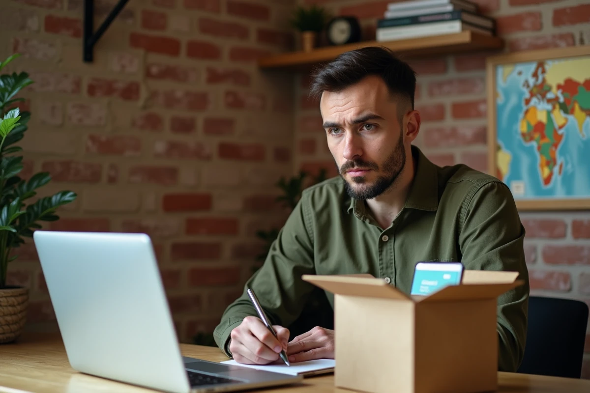 Homme rédigeant un avis critique sur La Box Voyageuse avec un carnet de notes et un ordinateur portable dans un bureau à domicile