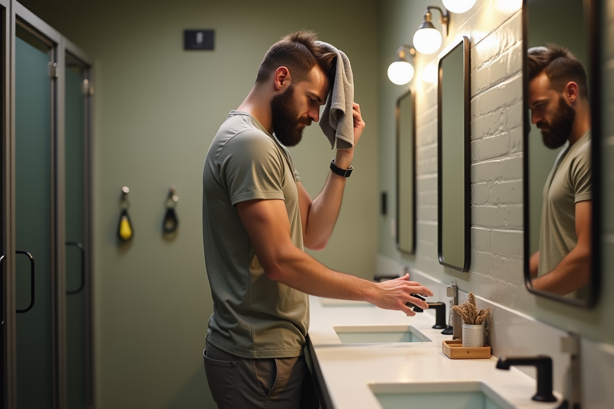 Homme avec serviette sèche ses cheveux dans un espace commun