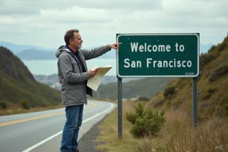 Homme en jeans et veste grise devant panneau de bienvenue à San Francisco