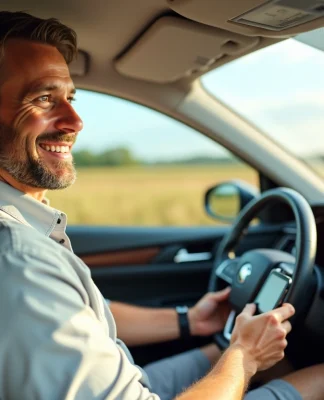 Homme d'âge moyen souriant dans une voiture moderne