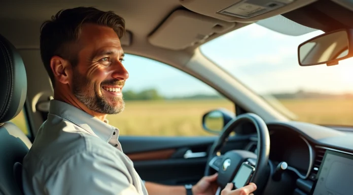 Homme d'âge moyen souriant dans une voiture moderne