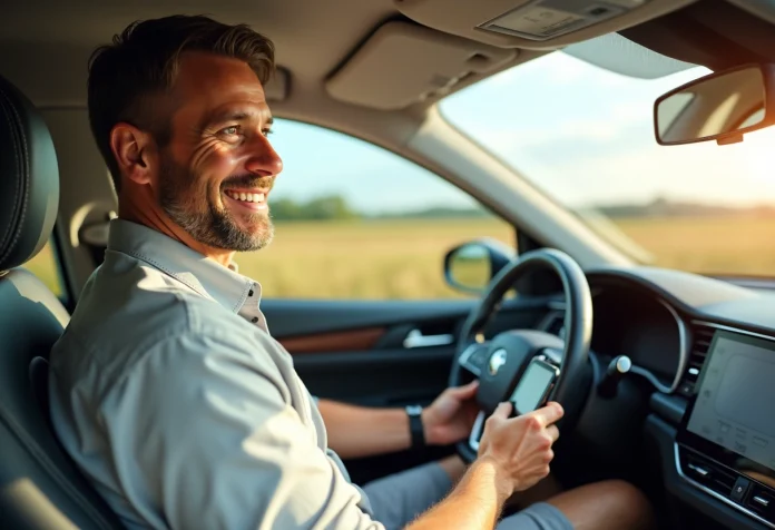 Homme d'âge moyen souriant dans une voiture moderne