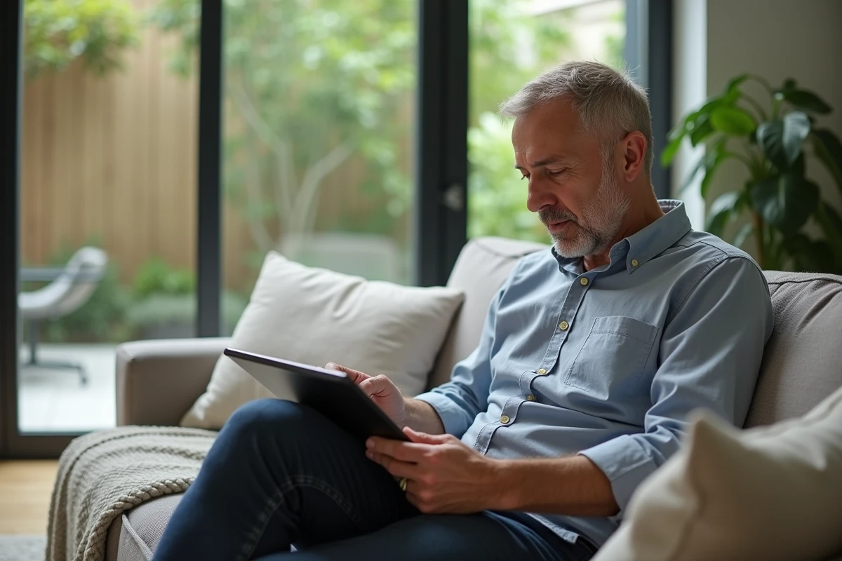 Homme utilisant une tablette pour comparer des offres de voyage
