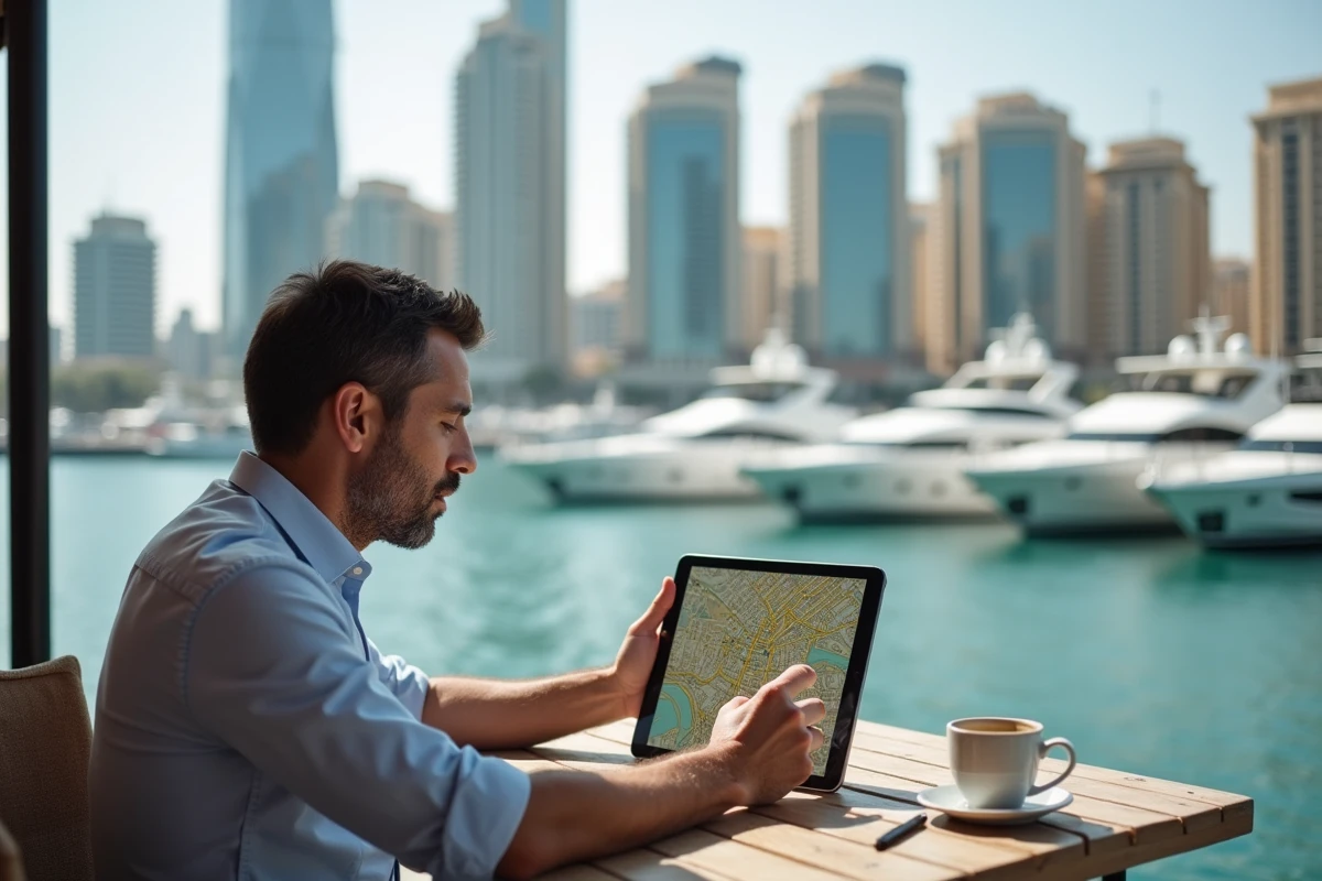 Homme examinant une carte digitale à Dubai Marina