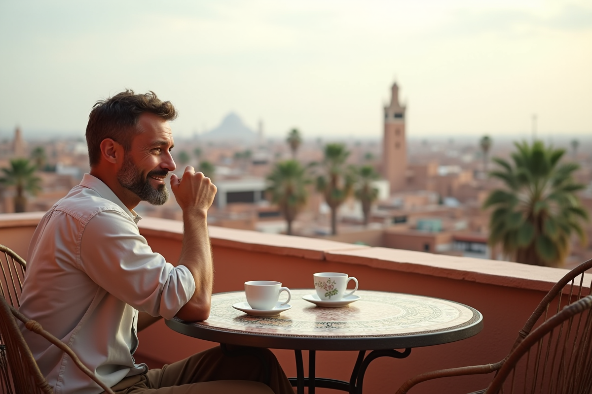 Homme dégustant un thé à la menthe sur un toit de Marrakech