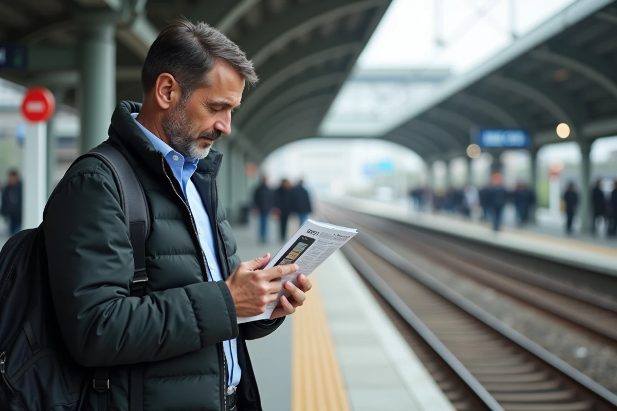 Homme vérifiant son smartphone à la gare en voyage
