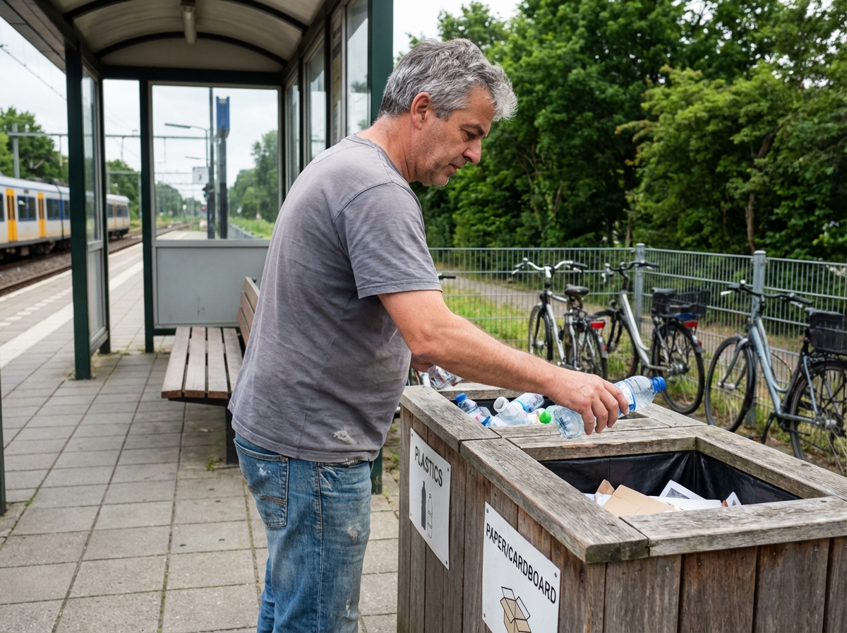 Homme triant des déchets recyclables à la gare locale