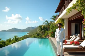 Terrasse d'un hôtel 5 étoiles en Guadeloupe avec piscine à débordement et vue sur le lagon turquoise