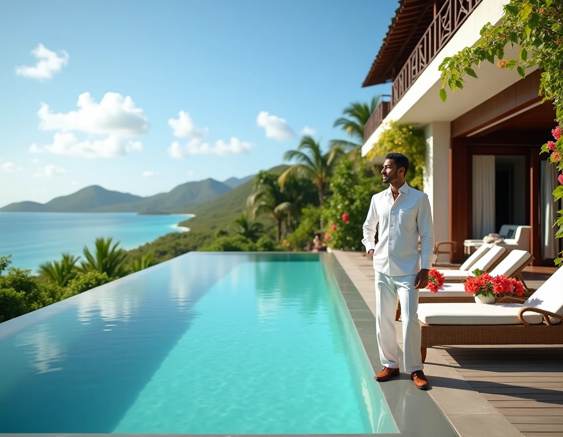 Terrasse d'un hôtel 5 étoiles en Guadeloupe avec piscine à débordement et vue sur le lagon turquoise