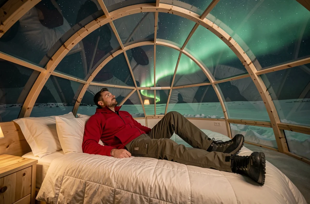 Homme allongé dans un igloo en verre à Rovaniemi observant les aurores boréales vertes dans le ciel arctique étoilé