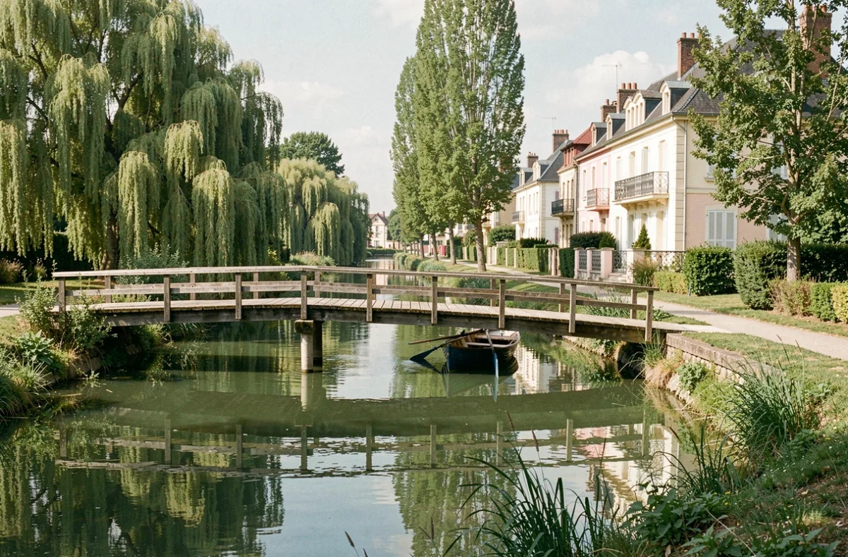La passerelle en bois sur l'Oise à L'Isle-Adam avec ses reflets dans l'eau calme, les saules pleureurs et les villas de villégiature du Val-d'Oise