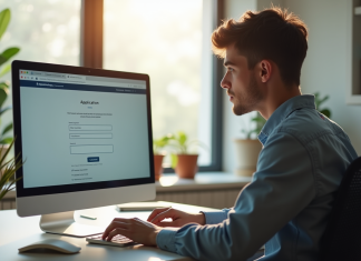 Jeune adulte au bureau lors d'une demande de visa en ligne