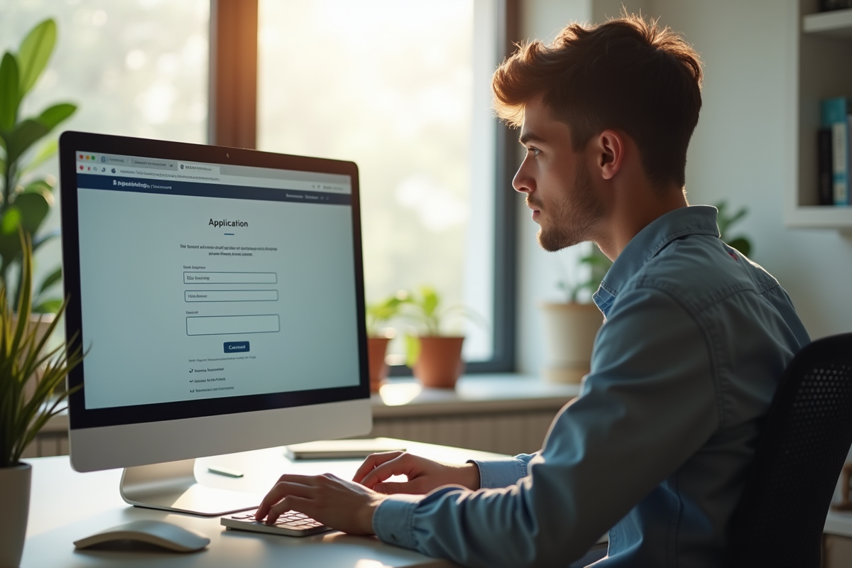 Jeune adulte au bureau lors d'une demande de visa en ligne