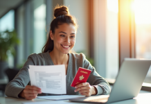 Jeune adulte souriant tenant un passeport canadien et documents