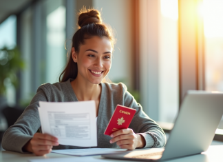 Jeune adulte souriant tenant un passeport canadien et documents